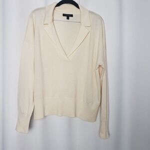 Banana Republic Womens XL Cream 100% Merino Wool Camp Collar V-Neck Sweater